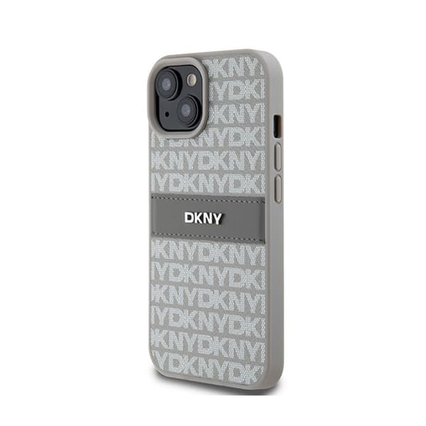 DKNY Leather Mono Stripe & Metal Logo - Case for iPhone 15 / 14 / 13 (beige)