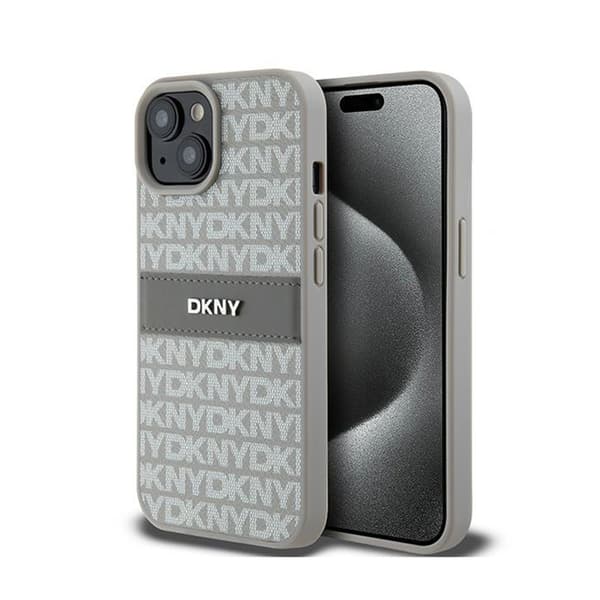 DKNY Leather Mono Stripe & Metal Logo - Case for iPhone 15 / 14 / 13 (beige)