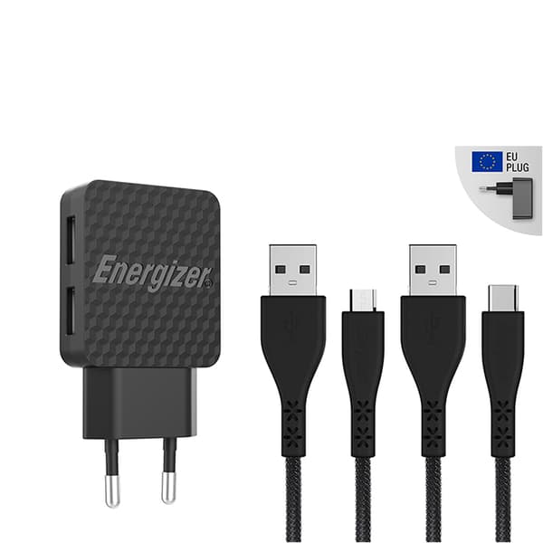 Energizer HardCase - 2x USB-A 12W nätladdare + USB-C & Micro USB-kabel (svart) Svart