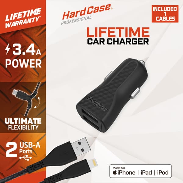 EnergizerHardCase-Billaddare2xUSB-A17W3,4A+MFi-certifieradLightning-kabel(svart)
