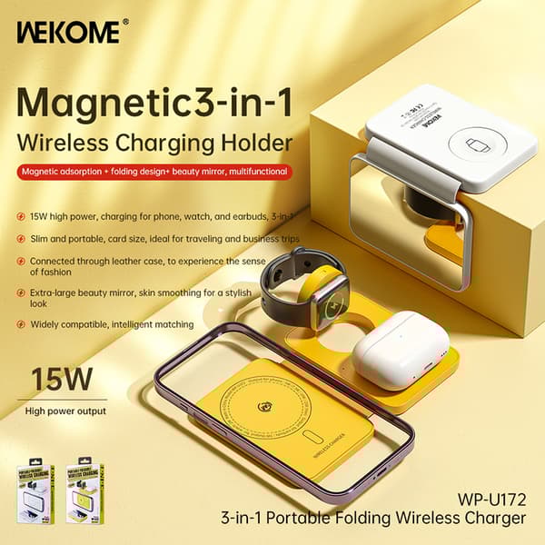 WEKOMEWP-U172-3-in-1WirelessChargerwithMagSafeforiPhone,AppleWatch,andAirPods+Mirror(Yellow)