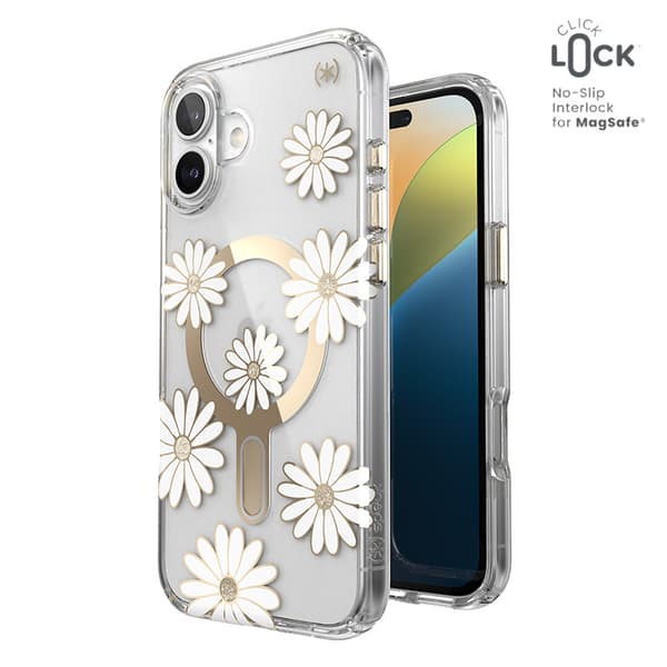 SpeckPresidioLuxClickLock&MagSafe-CaseforiPhone16Plus(SunshineDaisies/Clear/Gold)