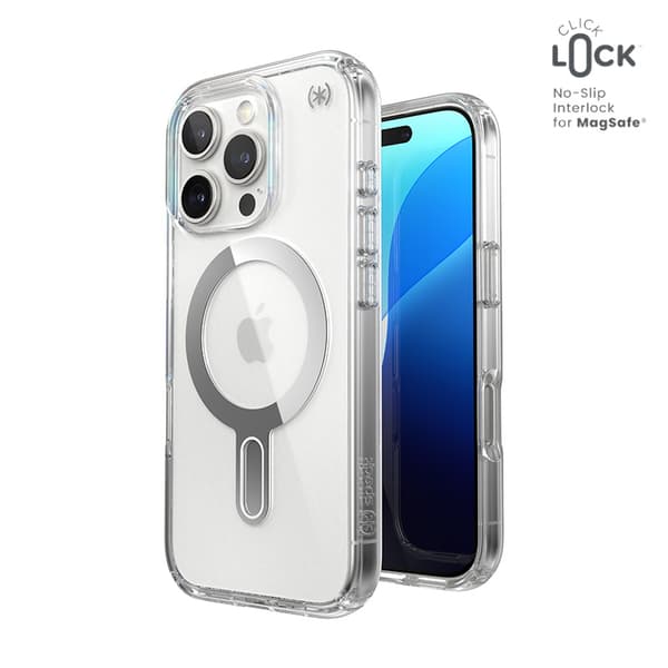 SpeckPresidioPerfect-ClearClickLock&MagSafe-CaseforiPhone16Pro(Clear/ChromeFinish/SereneSilver)