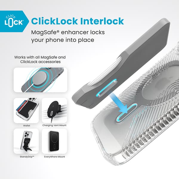 Speck Presidio Perfect-Clear Grip ClickLock & MagSafe - Case for iPhone 16 Pro (Clear / Chrome Finish / Serene Silver)