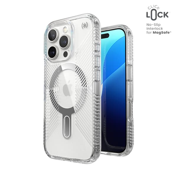 Speck Presidio Perfect-Clear Grip ClickLock & MagSafe - Case for iPhone 16 Pro (Clear / Chrome Finish / Serene Silver)