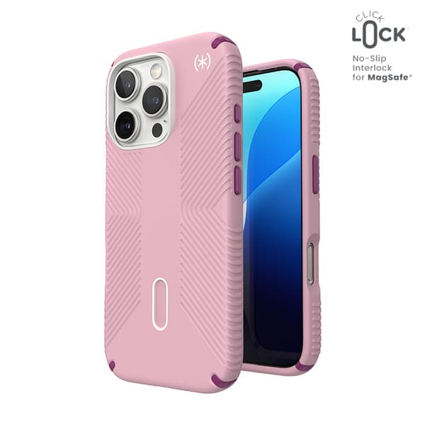 Speck Presidio2 Grip ClickLock & MagSafe - Case for iPhone 16 Pro (Wednesday Pink / Boysenberry Purple / White)