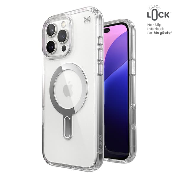 SpeckPresidioPerfect-ClearClickLock&MagSafe-CaseforiPhone16ProMax(Clear/ChromeFinish/SereneSilver)