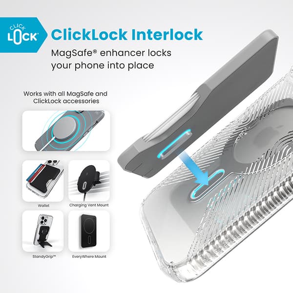 Speck Presidio Perfect-Clear Grip ClickLock & MagSafe - Case for iPhone 16 Pro Max (Clear / Chrome Finish / Serene Silver)