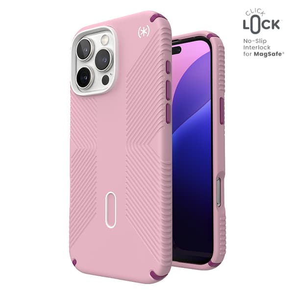 Speck Presidio2 Grip ClickLock & MagSafe - Case for iPhone 16 Pro Max (Wednesday Pink / Boysenberry Purple / White)