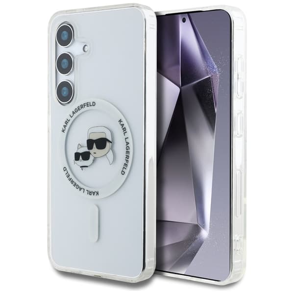 Karl Lagerfeld Button Karl & Choupette Heads Printed Logo MagSafe - Case for Samsung Galaxy S25 (White)
