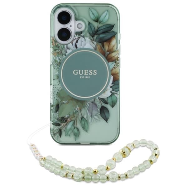 GuessIMLFlowersWithPearlStrapMagSafe-CaseforiPhone16Plus(Green)