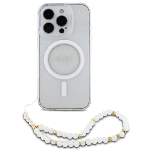 Guess IML Glitter With Pearl Strap MagSafe - Case for iPhone 16 Pro (Transparent)