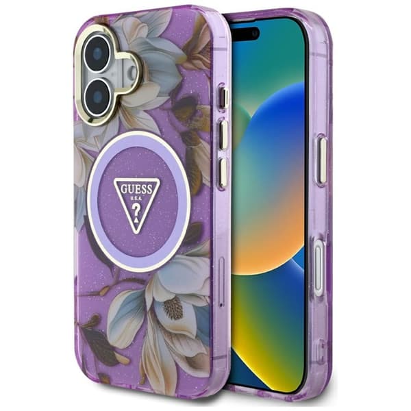 GuessGlitterFlowersTriangleButtonsMagSafe-CaseforiPhone16(purple)