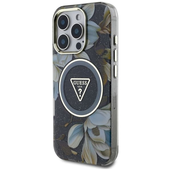 GuessGlitterFlowersTriangleButtonsMagSafe-CaseforiPhone16Pro(black)