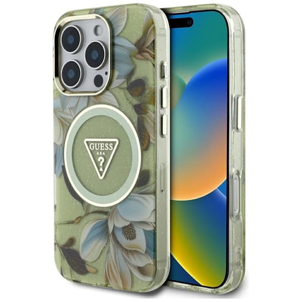 GuessGlitterFlowersTriangleButtonsMagSafe-CaseforiPhone16ProMax(green)