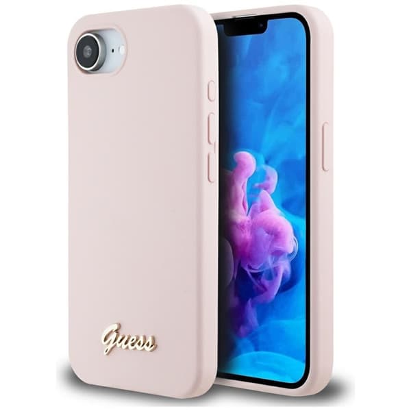 GuessSiliconeScriptMetalLogoMagSafe-CaseforiPhone16e(pink)