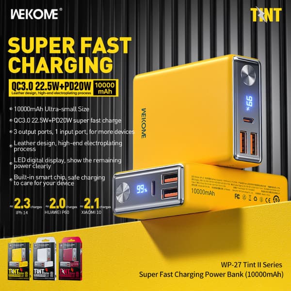 WEKOMEWP-27TintSeries-Powerbank10000mAhSupersnabbladdningUSB-CPD20W+2xUSB-AQC3.022,5W(Gul)