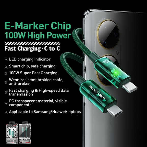 WEKOMEWDC-193VanguardSeries-USB-CtilUSB-CSuperhurtigopladningsforbindelseskabel100W1m(grøn)
