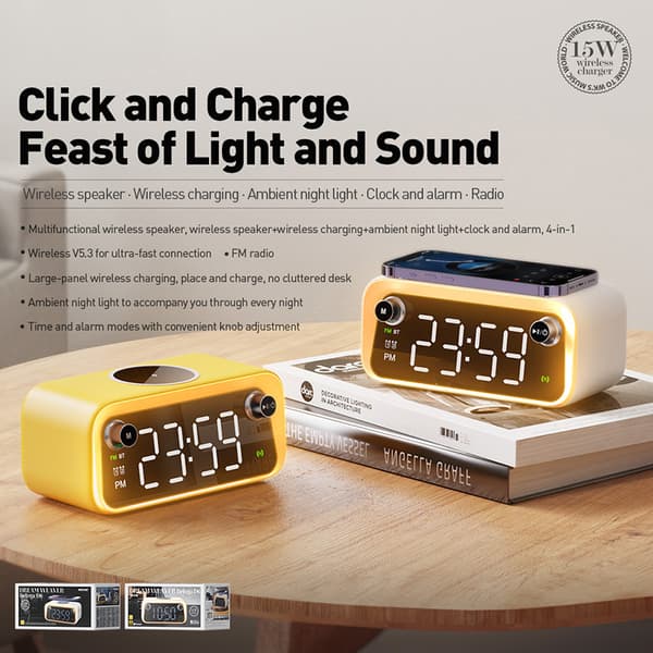 WEKOME Beluga D6 Dream - Multifunktionel trådløs højttaler / FM-radio med indirekte opladning 15W MagSafe (hvid)