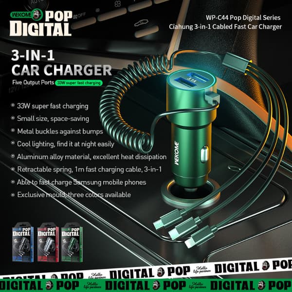 WEKOMEWP-C44PopDigitalSeries-Bilopladermedintegreret3-i-1USB-C/Lightning/MicroUSB+2xUSB-A33Wkabel(sort)