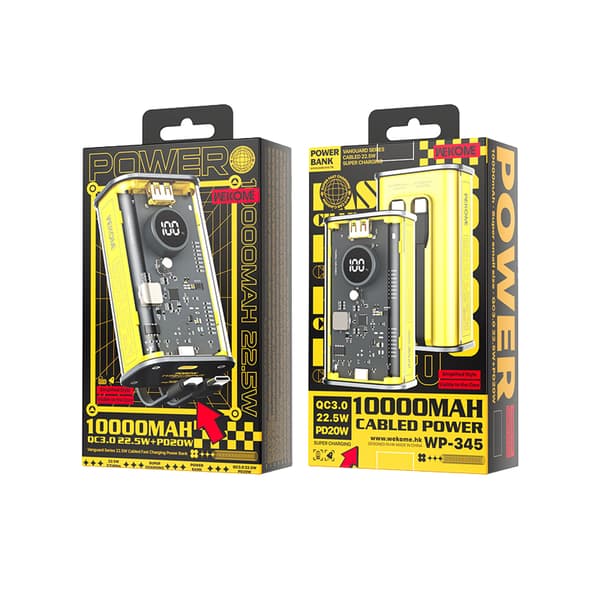 WEKOMEWP-345VanguardSeries-Powerbank10000mAhHurtigopladningmedindbyggetUSB-C&LightningPD20Wkabel+QC22,5W(Gul)