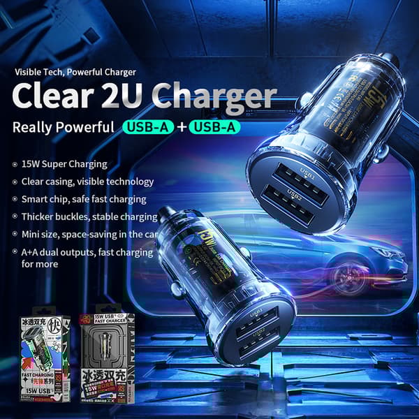 WEKOME WP-C40 Vanguard Series - Car charger 2 x USB Fast Charging 15W (Black / Transparent)