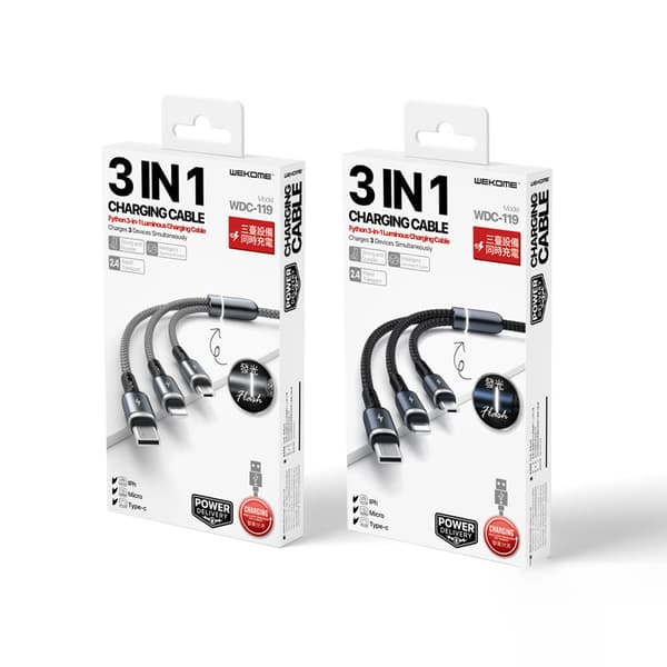 WEKOMEWDC-119FythonSeries-3-i-1USB-AtilLightning+USB-C+MicroUSBPD-tilslutningskabel1,2m(sølv)