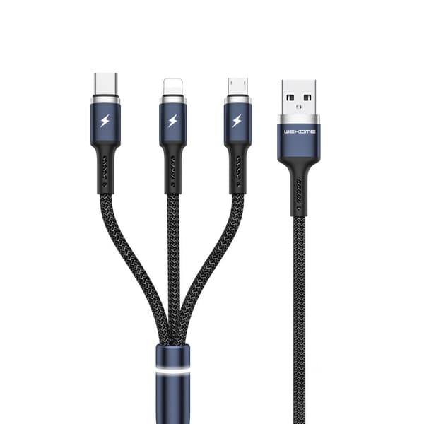 WEKOME WDC-119 Fython Series - 3-i-1 USB-A til Lightning + USB-C + Micro USB PD-forbindelseskabel 1,2 m (sort)