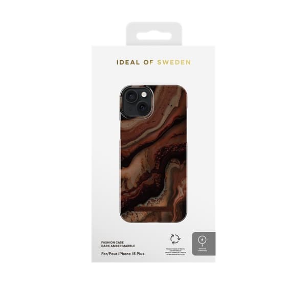 Ideal of Sweden iPhone 15 Plus Kuori Fashion Case MagSafe Dark Amber Marble