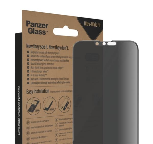 PanzerGlass, Skærmbeskytter, Apple, iPhone 14 Plus/13 Pro Max, Glas, Sort, Ultra-Wide Fit, Privatliv
