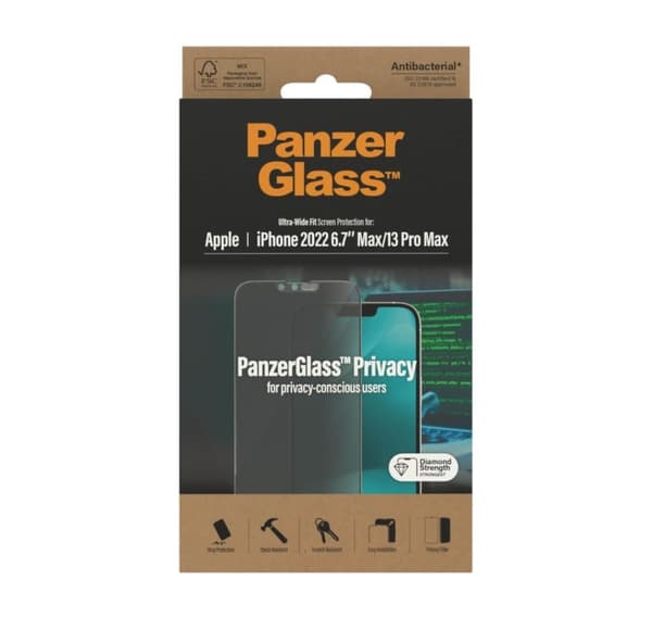 PanzerGlass, Skærmbeskytter, Apple, iPhone 14 Plus/13 Pro Max, Glas, Sort, Ultra-Wide Fit, Privatliv