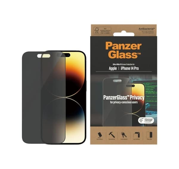 PanzerGlass, Skærmbeskytter, Apple, iPhone 14 Pro, Glas, Sort, Ultra-Wide Fit, Privatliv