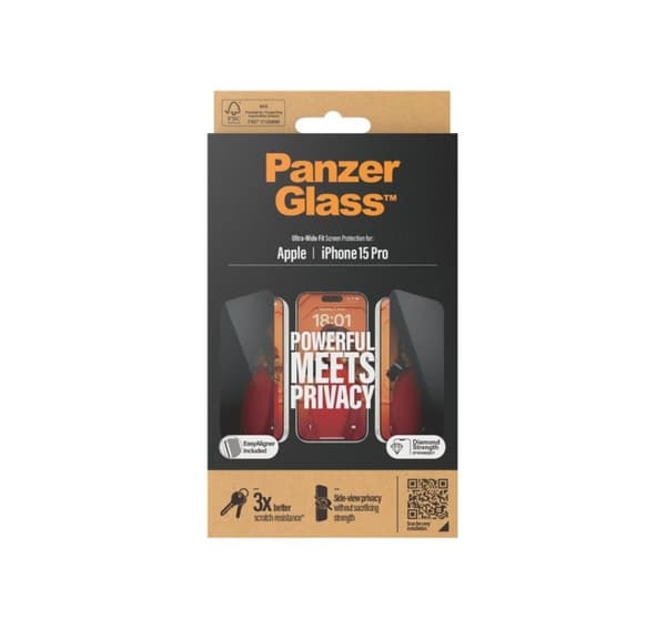 PanzerGlass, Skærmbeskytter, Apple, iPhone 15 Pro, Glas, Sort, Ultra-Wide Fit m. EasyAligner
