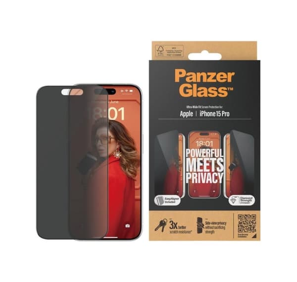 PanzerGlass, Skærmbeskytter, Apple, iPhone 15 Pro, Glas, Sort, Ultra-Wide Fit m. EasyAligner