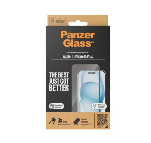 PanzerGlass, Skjermbeskytter, Apple, IPhone 15 Plus, Glass, Transparent, Ultra-vid passform, Ripebestandig, Fallbeskyttelse, EasyAligner inkludert