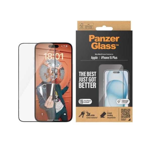 PanzerGlass, Skjermbeskytter, Apple, IPhone 15 Plus, Glass, Transparent, Ultra-vid passform, Ripebestandig, Fallbeskyttelse, EasyAligner inkludert