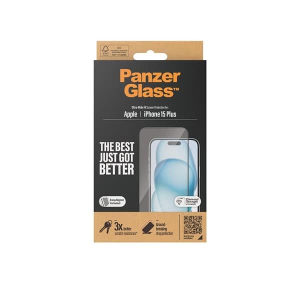 PanzerGlass, Skjermbeskytter, Apple, IPhone 15 Plus, Glass, Transparent, Ultra-vid passform, Ripebestandig, Fallbeskyttelse, EasyAligner inkludert