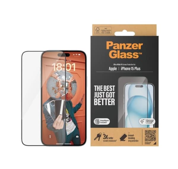 PanzerGlass, Skjermbeskytter, Apple, IPhone 15 Plus, Glass, Transparent, Ultra-vid passform, Ripebestandig, Fallbeskyttelse, EasyAligner inkludert