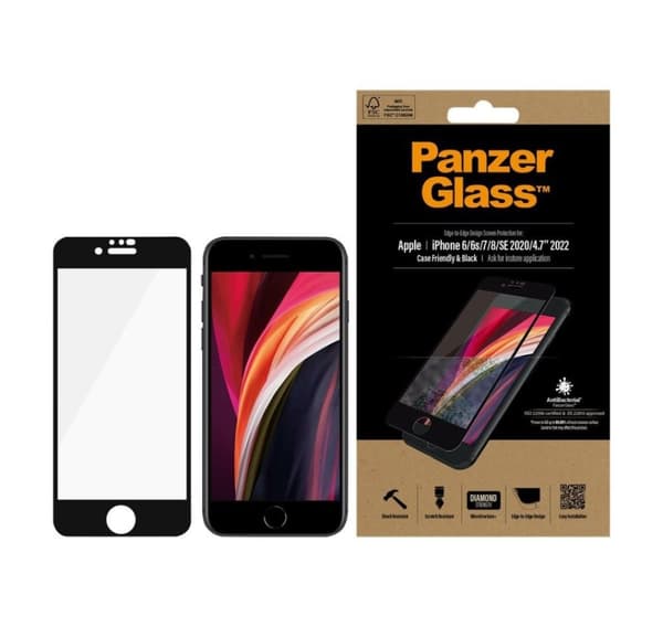 PanzerGlass, Apple, iPhone 6/6s/7/8/SE 2020, Hybridglass, Svart, Avrundede kanter, 100 % berøringsbeskyttelse, Krystallklar, Skjermbeskytter