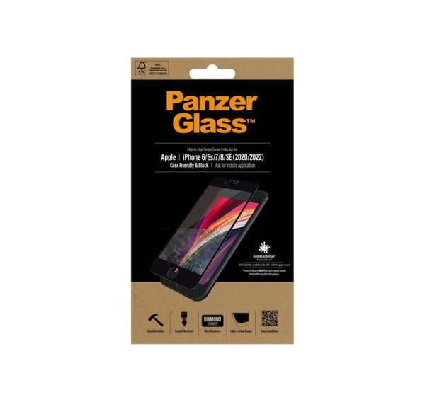 PanzerGlass, Apple, iPhone 6/6s/7/8/SE 2020, Hybridglass, Svart, Avrundede kanter, 100 % berøringsbeskyttelse, Krystallklar, Skjermbeskytter