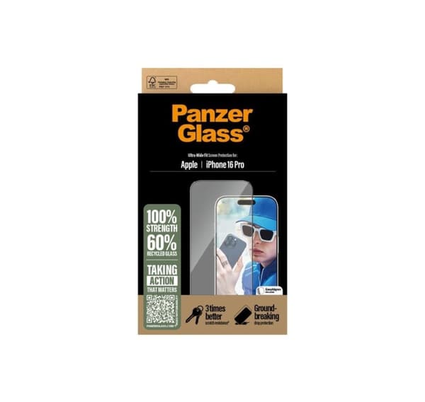 PanzerGlass skjermbeskytter, Apple, iPhone 16 Pro, Glass, Transparent, Ultra-Wide Fit