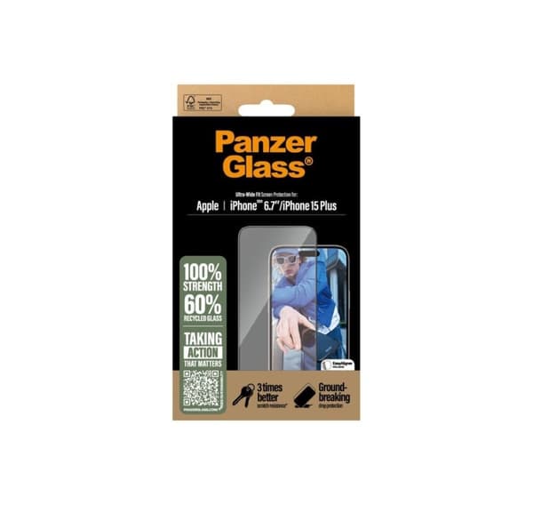 PanzerGlass skärmskydd, Apple, iPhone 16 Plus/iPhone 15 Plus, Glas, Transparent, Ultra-Wide Fit