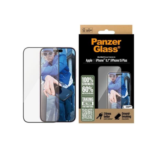 PanzerGlass skärmskydd, Apple, iPhone 16 Plus/iPhone 15 Plus, Glas, Transparent, Ultra-Wide Fit