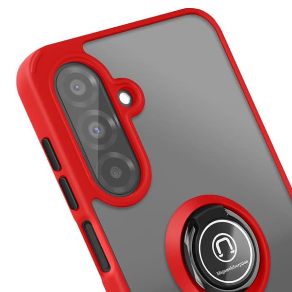 Coque för Samsung Galaxy A26 med magnetring, genomskinlig bakgrund i röd.