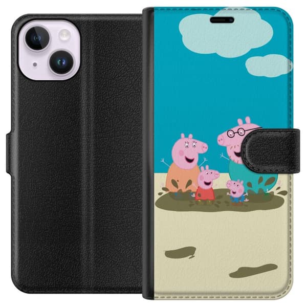 Apple iPhone 14 Tegnebogsetui Greta Gris Familie Georg Mudderpøl Børnemotiv Serie Populær Børnekarakter Glæde