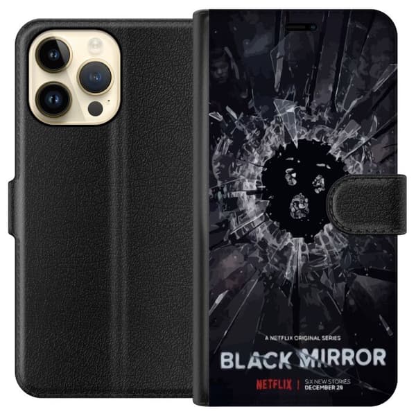 Apple iPhone 14 Pro Max Lompakkokotelo Black Mirror Sci-Fi Netflix -sarja Dystopia Teknologia Cyberpunk Synkkä TV Videopeli Teema