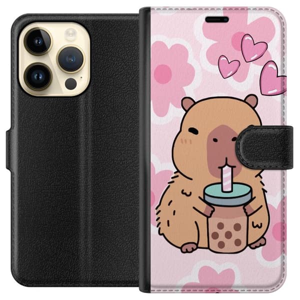 Apple iPhone 15 Pro Tegnebogsetui Kawaii Capybara Hjerte Anime Stil Sød Design Dyremotiv TikTok Populær Gave Pige