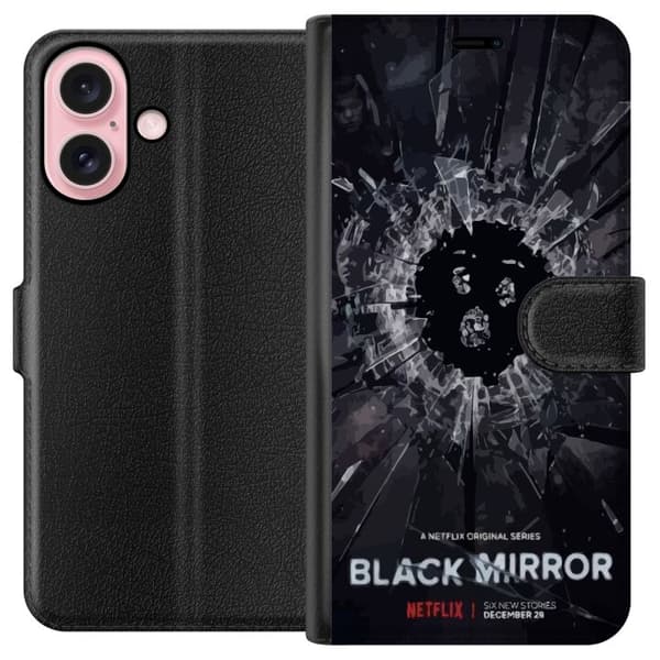 Apple iPhone 16 Lompakkokotelo Black Mirror Sci-Fi Netflix -sarja Dystopia Teknologia Cyberpunk Synkkä TV Videopeli Teema