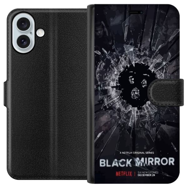 Apple iPhone 16 Plus Lompakkokotelo Black Mirror Sci-Fi Netflix -sarja Dystopia Teknologia Cyberpunk Synkkä TV Videopeli Teema