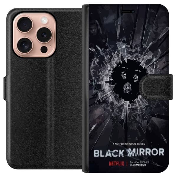Apple iPhone 16 Pro Plånboksfodral Black Mirror Sci-Fi Netflix Serie Dystopi Teknik Cyberpunk Mörkt TV Spelmotiv